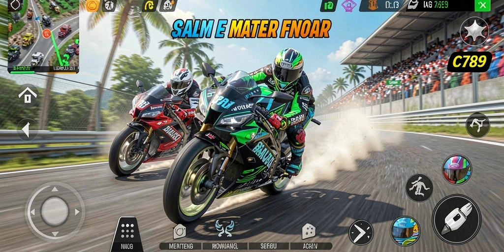 Gameplay C789 menunjukkan aksi balap motor yang menegangkan dan seru.