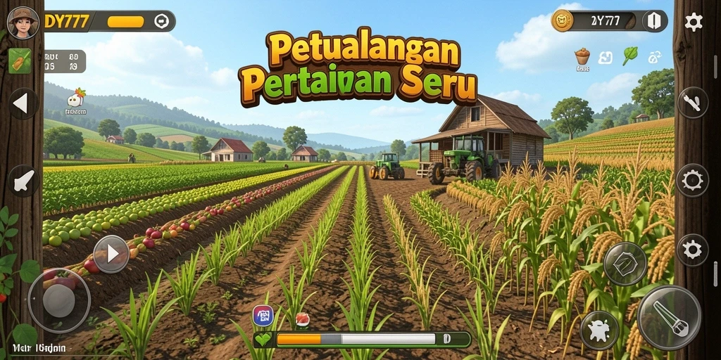 Tangkapan layar gameplay DY777 menunjukkan aktivitas bertani yang seru dan interaktif.