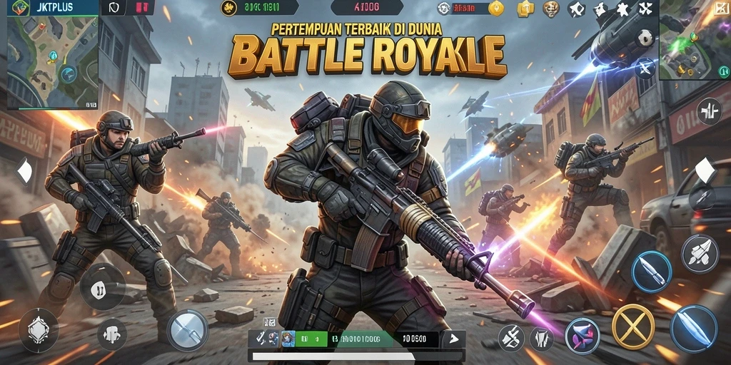 Screenshot utama JKTPLUS menampilkan aksi pertempuran yang intens di arena Battle Royale.