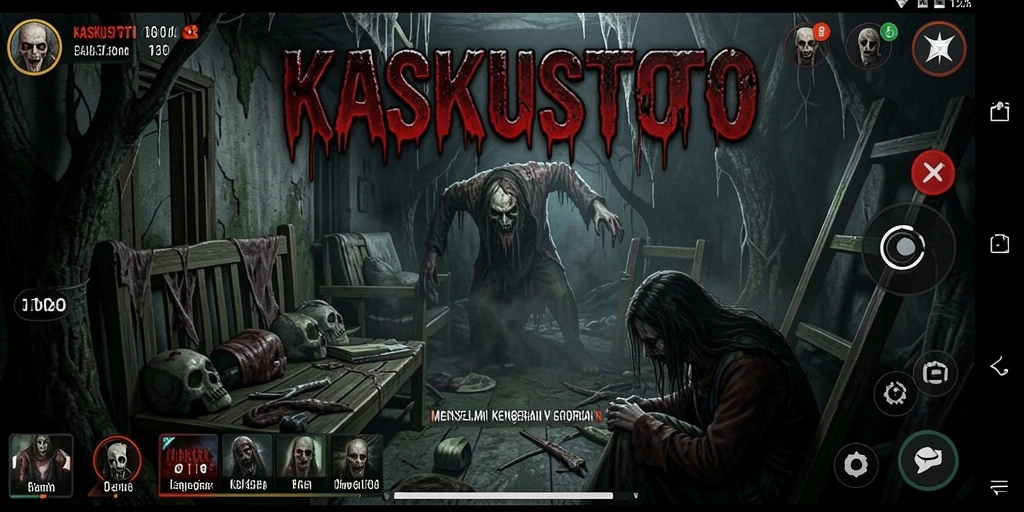 Screenshot utama KASKUSTOTO menampilkan suasana mencekam dan gameplay yang intens.