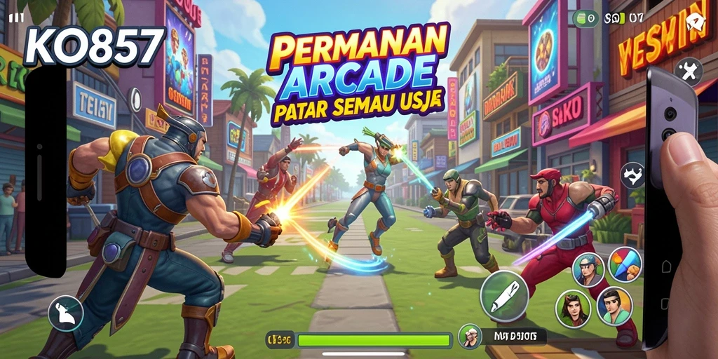 Tampilan gameplay menegangkan di KO857 dengan karakter berwarna-warni.