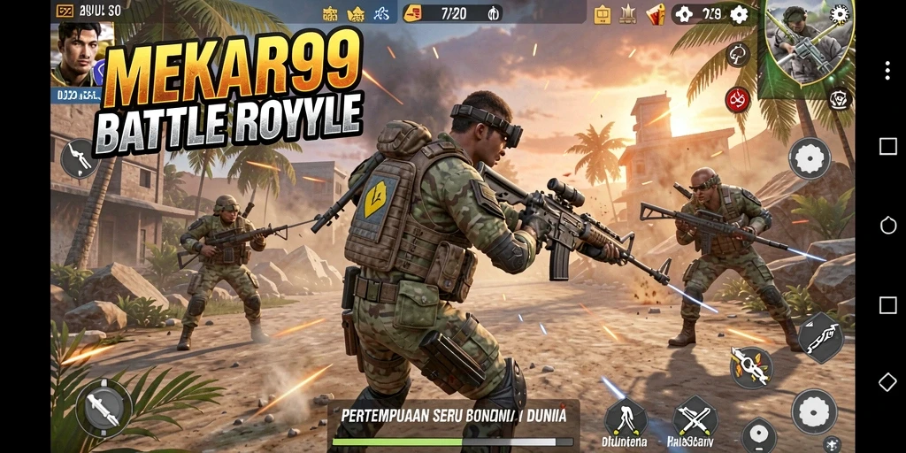 Screenshot gameplay MEKAR99 dengan pertarungan seru di arena Battle Royale.