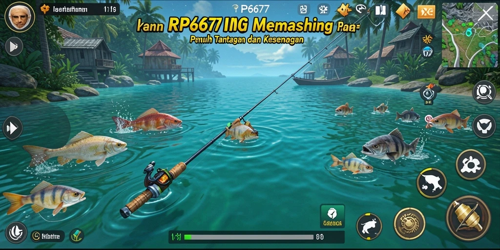 Tampilan menarik gameplay memancing di RP6677 dengan ikan-ikan beragam.