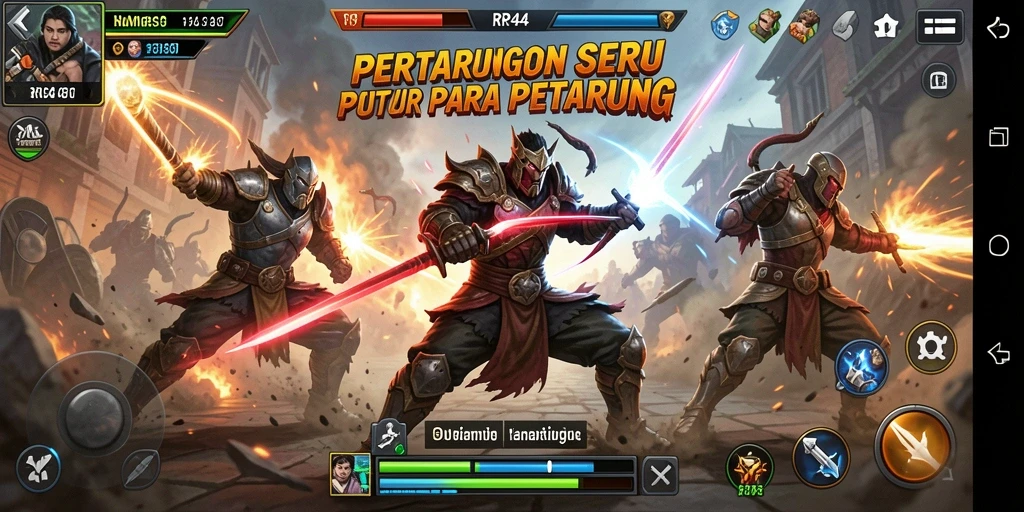 Screenshot gameplay RR44 menampilkan pertarungan epik dengan karakter yang dinamis.