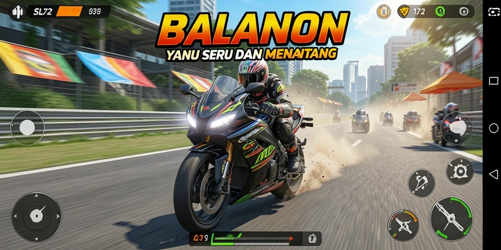 Gameplay menegangkan dalam balapan motor yang seru.
