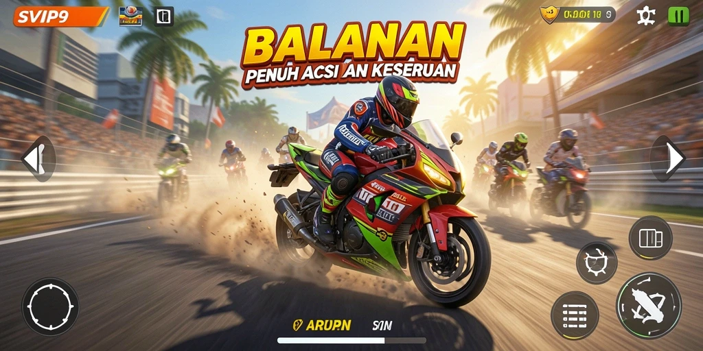 Gameplay SVIP9 yang mendebarkan dengan balapan motor intens.