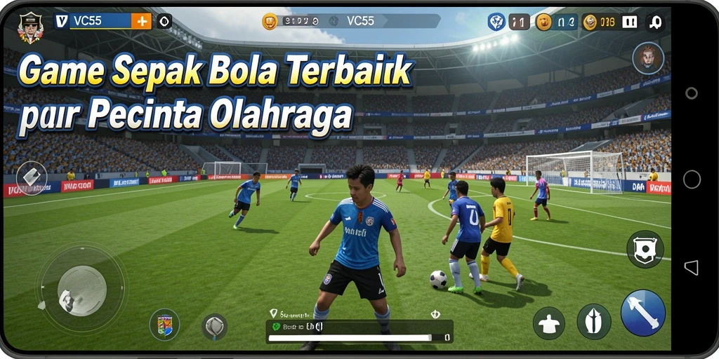 Tampilan gameplay VC55 yang menunjukkan aksi sepak bola yang seru.