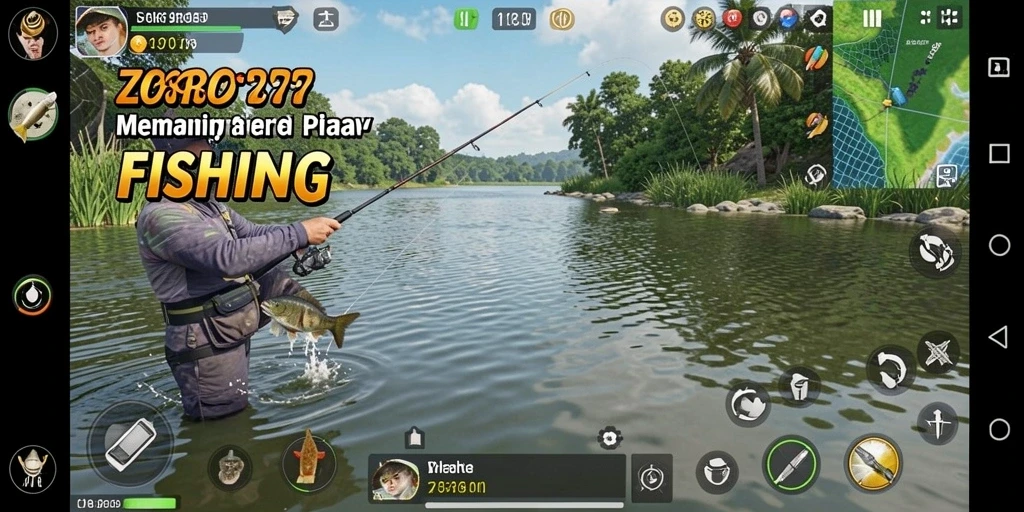 Screenshot gameplay <strong>ZORO77</strong> yang menunjukkan aksi memancing yang mendebarkan.